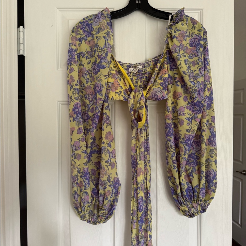 For Love And Lemons Puff Sleeve Crop Top Purple and Yellow